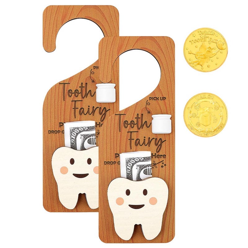 WALLFID 2-Piece Tooth Fairy Set with 2 Tooth Fairy Coins,Tooth Fairy Door Hanger with Tooth Holder & Gift Compartment,Perfect for Celebrating Lost Teeth.. - Image 1